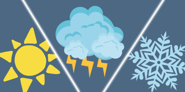 graphic with a sun, clouds, and a snowflake